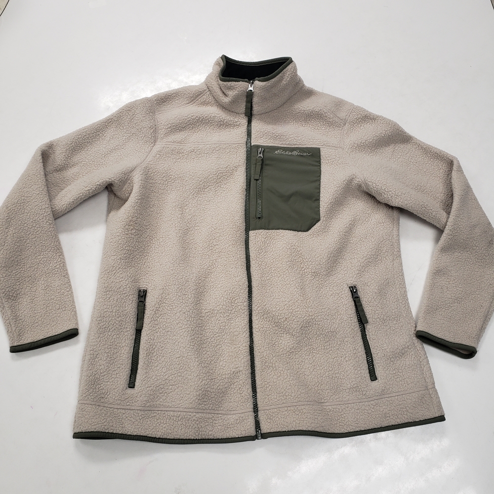 Eddie Bauer Men's Light Tan Fleece Jacket with Olive Accents